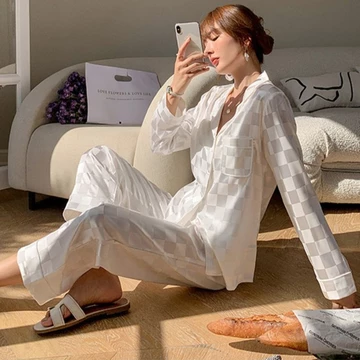 SATIN SERIES Aisha Long Sleepwear Setelan Piyama Satin Kotak Elegan Baju Tidur Wanita Dewasa