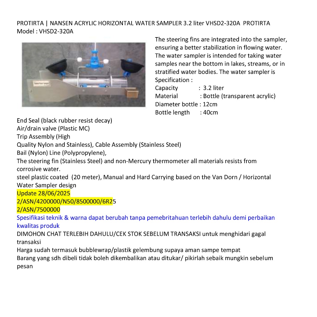 Jual PROTIRTA | NANSEN ACRYLIC HORIZONTAL WATER SAMPLER 3.2 liter VHSD2 ...