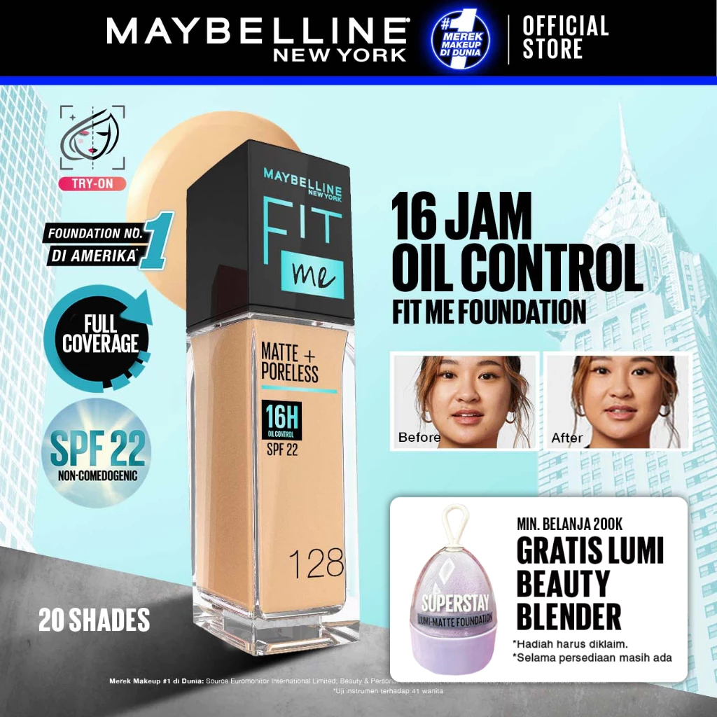 Maybelline Fit Me Matte dan Poreless Foundation 30ml SPF 22 Makeup Ringan High Cover 16 Jam