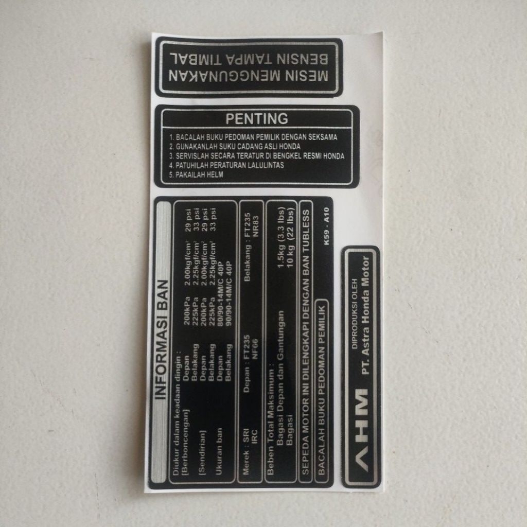 Jual Stiker Informasi Ban Motor Matic Honda 1 Set | Shopee Indonesia