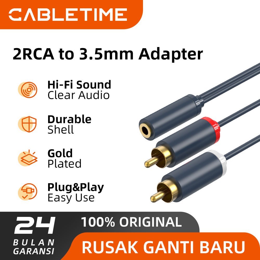 Jual CABLETIME Kabel Aux to RCA Male Stereo 3.5mm Female to 2 RCA For ...