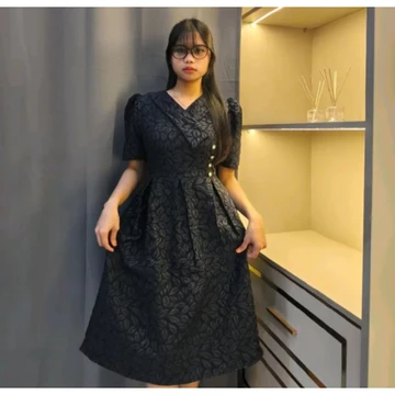 New Arival Midi Dress Gaun Wanita Jacquard Emboss Tunik Elegan Pesta Gereja Mewah Dress Natal