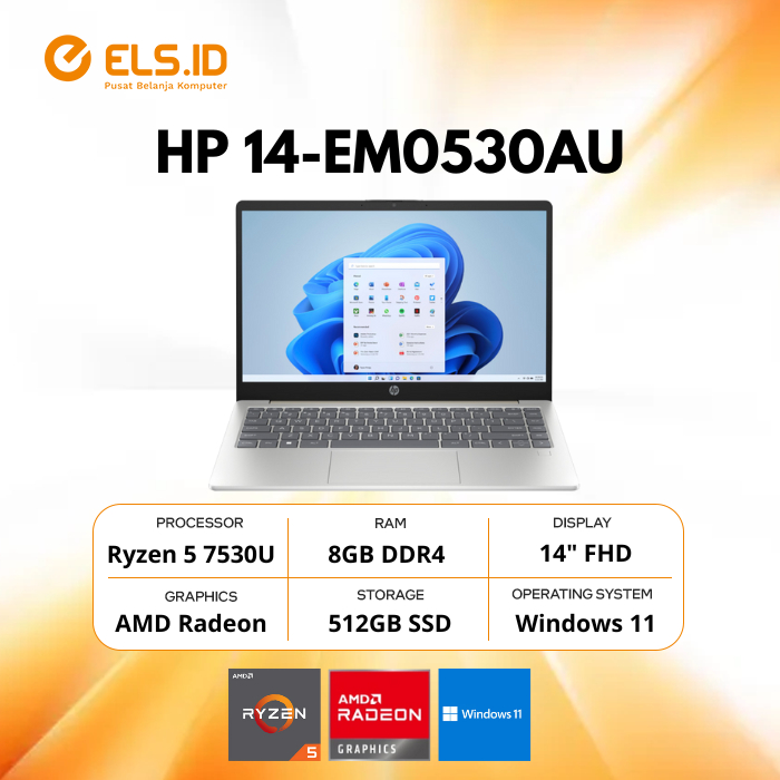 Jual HP 14 EM0530AU/EM0531AU Ryzen 5 7530U 8GB SSD 512GB 14
