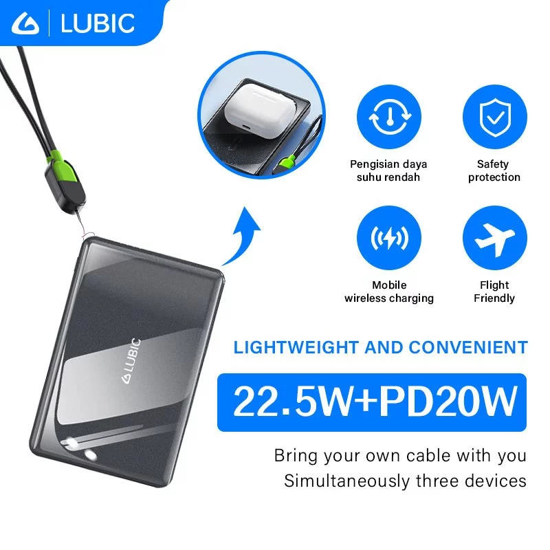 Lubic Mini Powerbank 10000mAh15W Wireless Charging Built Cable Type C Lightning Dual interface