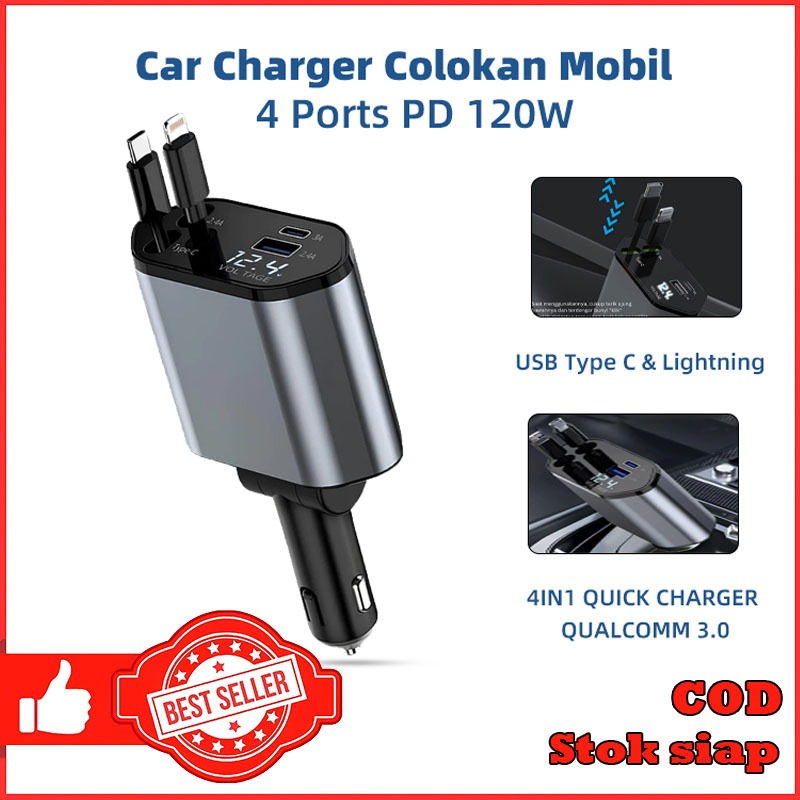 thumbnail image 2 of 5-in-1 Retractable Fast Car Charger – 120W USB Type C Cable For Phones (16" Cable, Black) 2 of 6