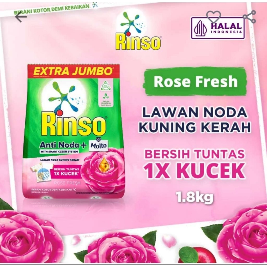 Jual Rinso deterjen powder + Molto rose fresh 1,8 kg | Shopee Indonesia