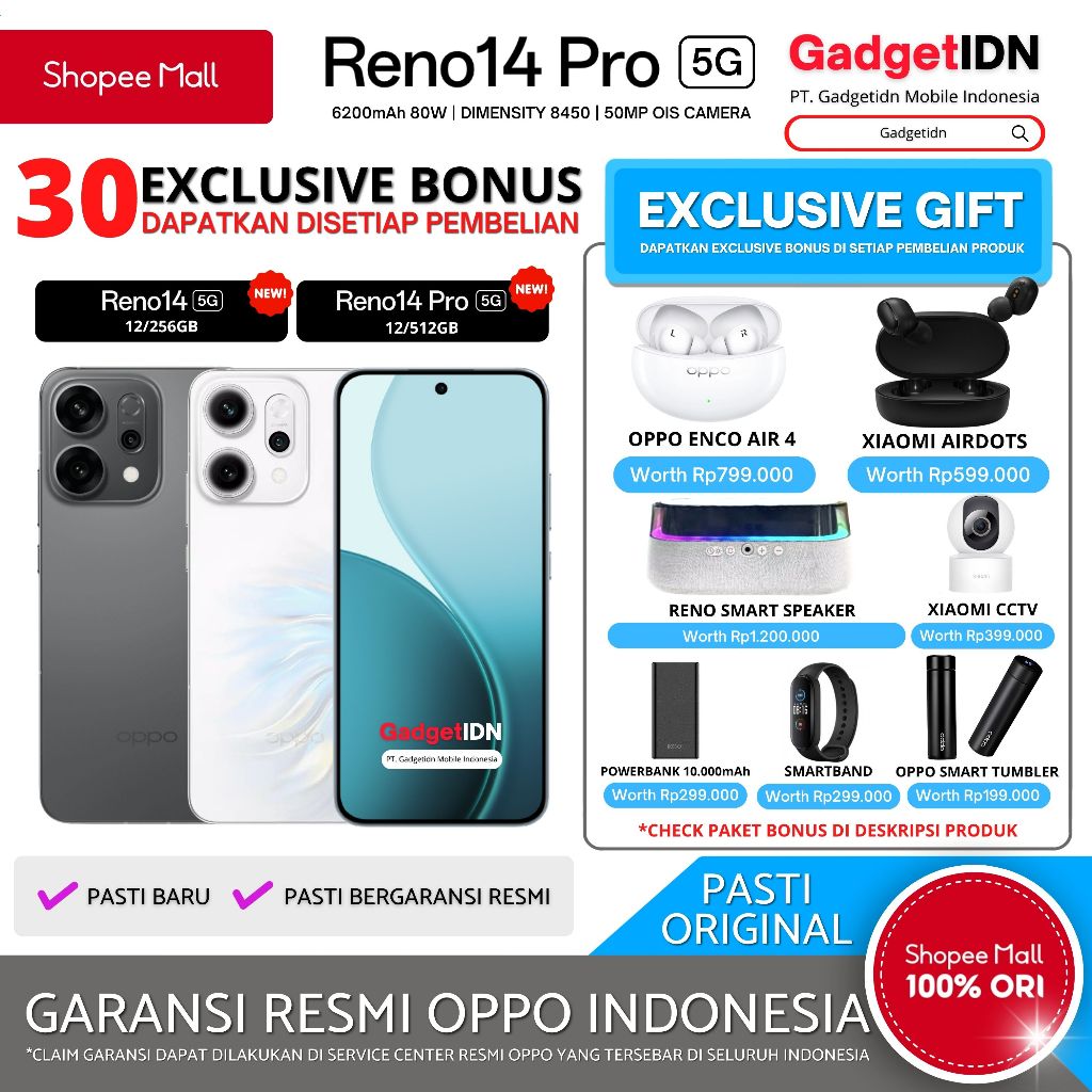 Jual OPPO Reno 14 Pro 5G 12/512GB ( +12GB Extended Ram ) Garansi Resmi ...