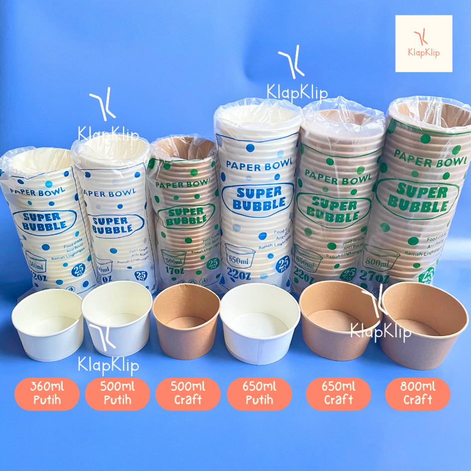 Jual 1pack = 25pcs Paper Bowl + Tutup Super Bubble 360ml 500ml 650ml ...