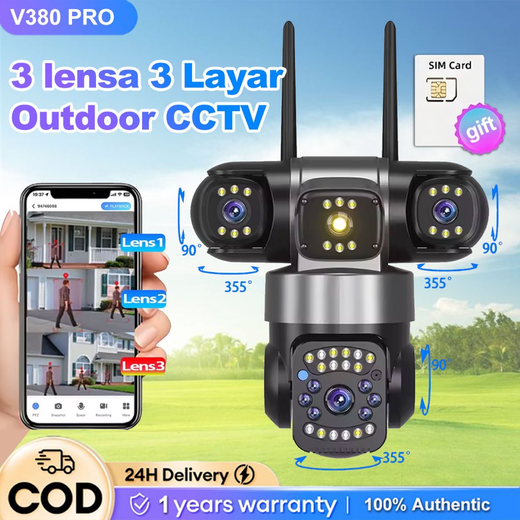 Jual 3 lensa CCTV V380 Pro Camera CCTV 4G SIM 18MP HD Outdoor Smart ...