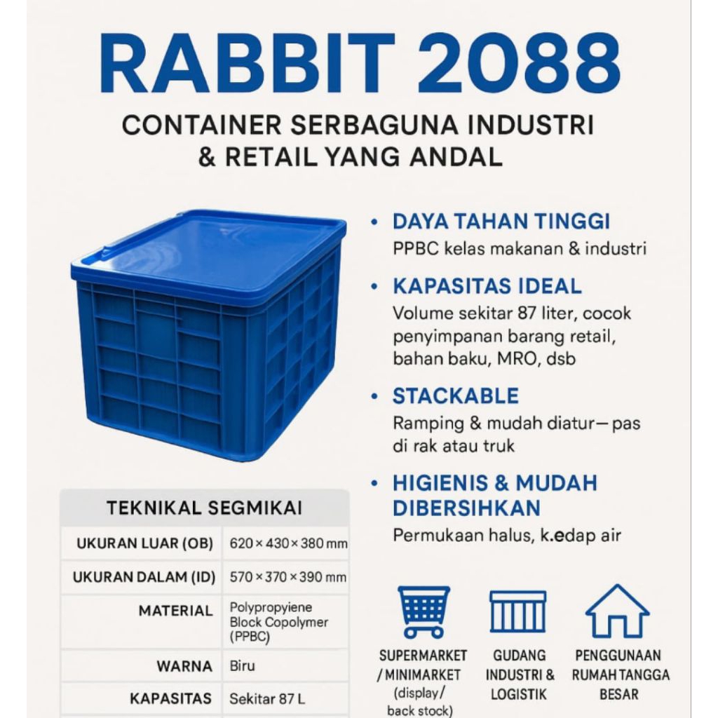 Jual KONTAINER INDUSTRI SERBAGUNA / BOX CONTAINER RABBIT 2088 + TUTUP ...