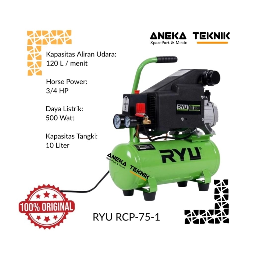 Jual Aneka Teknik - RYU Compressor 10 Liter 0.75 HP - 1 / Motor ...