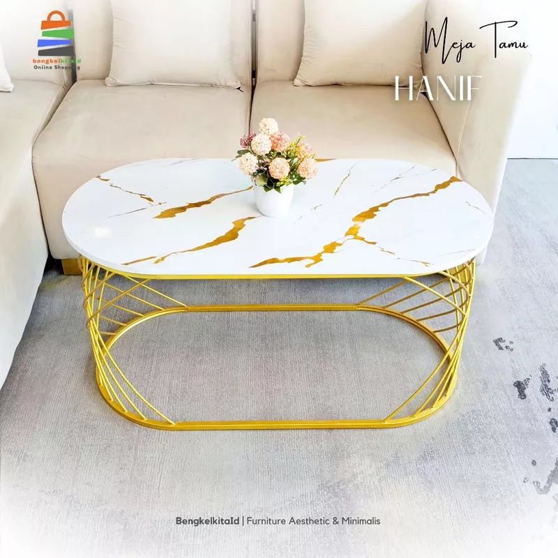 Aesthetic Oval Coffee Table Sofa Desk - MEJA HANIF - Modern Minimalist Besi Holo Gold