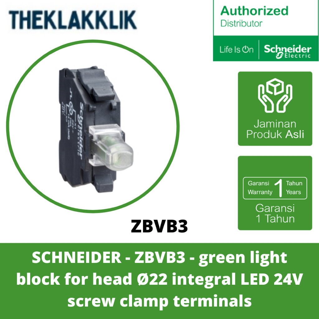 Produktbild von Schneider Electric ZB4BW0B31 – Hilfsschalterblock Mit Integrierter LED, Grün, Ø 22 Mm