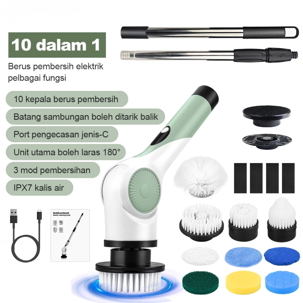 Electric Spin Scrubber Sikat Pembersih Tanpa Kabel 10 Kepala Gagang Dapat Disesu