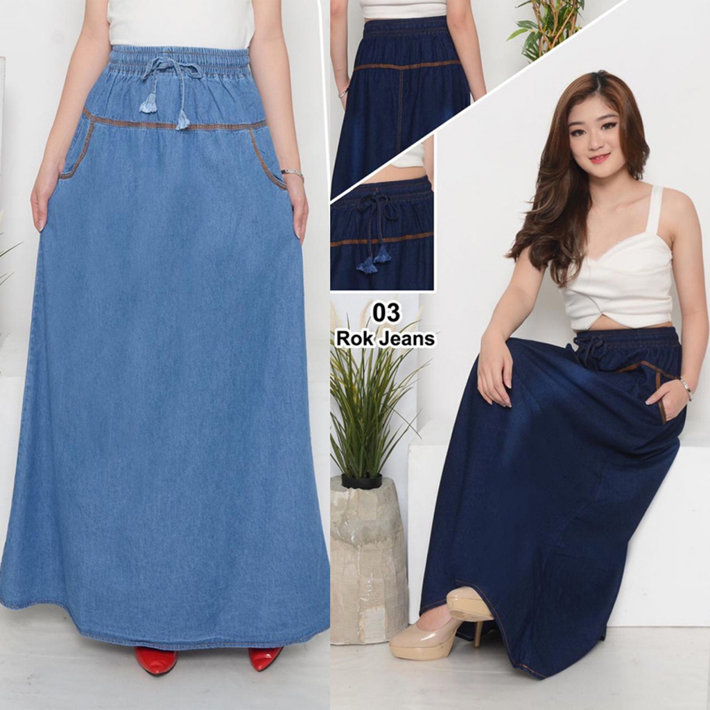 Jual Rok Jeans Panjang Wanita Pinggang Karet Kekinian - Rok Panjang ...
