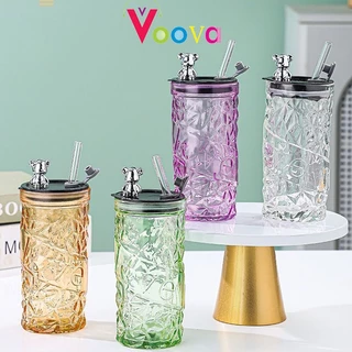 VOOVA Gelas Kaca/ Tumbler Kaca Aesthetic/ Bear Lid Glass/ Gelas Kaca Borosilicate Tinggi/ Cangkir Minuman/ Cangkir Kopi