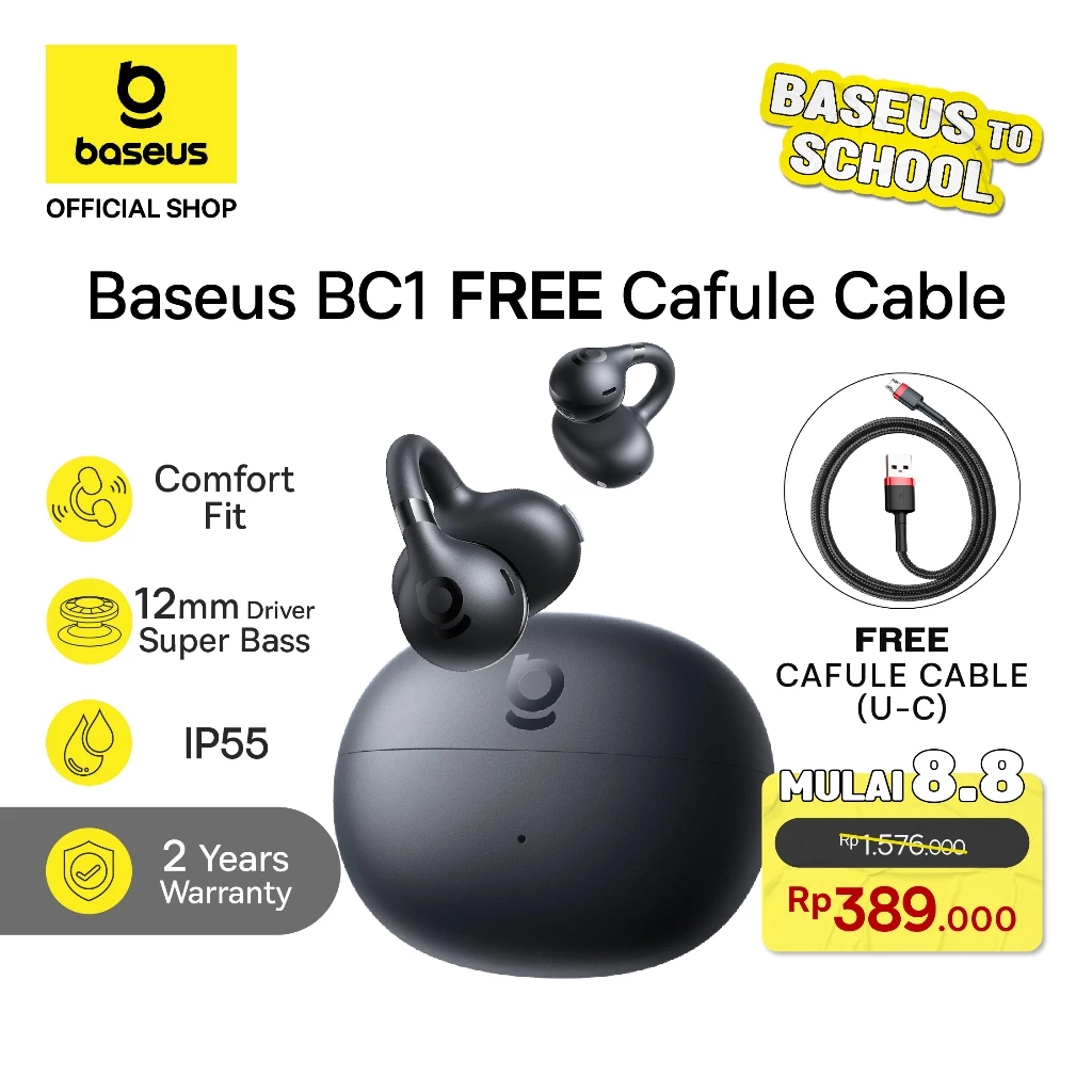[BUNDLE 2 BASEUS TO SCHOOL] Baseus Bowie BC1 Open Ear Fit Wireless Stereo 12MM Super Bass 4 Mic AI ENC Clip TWS IP55 & 38H