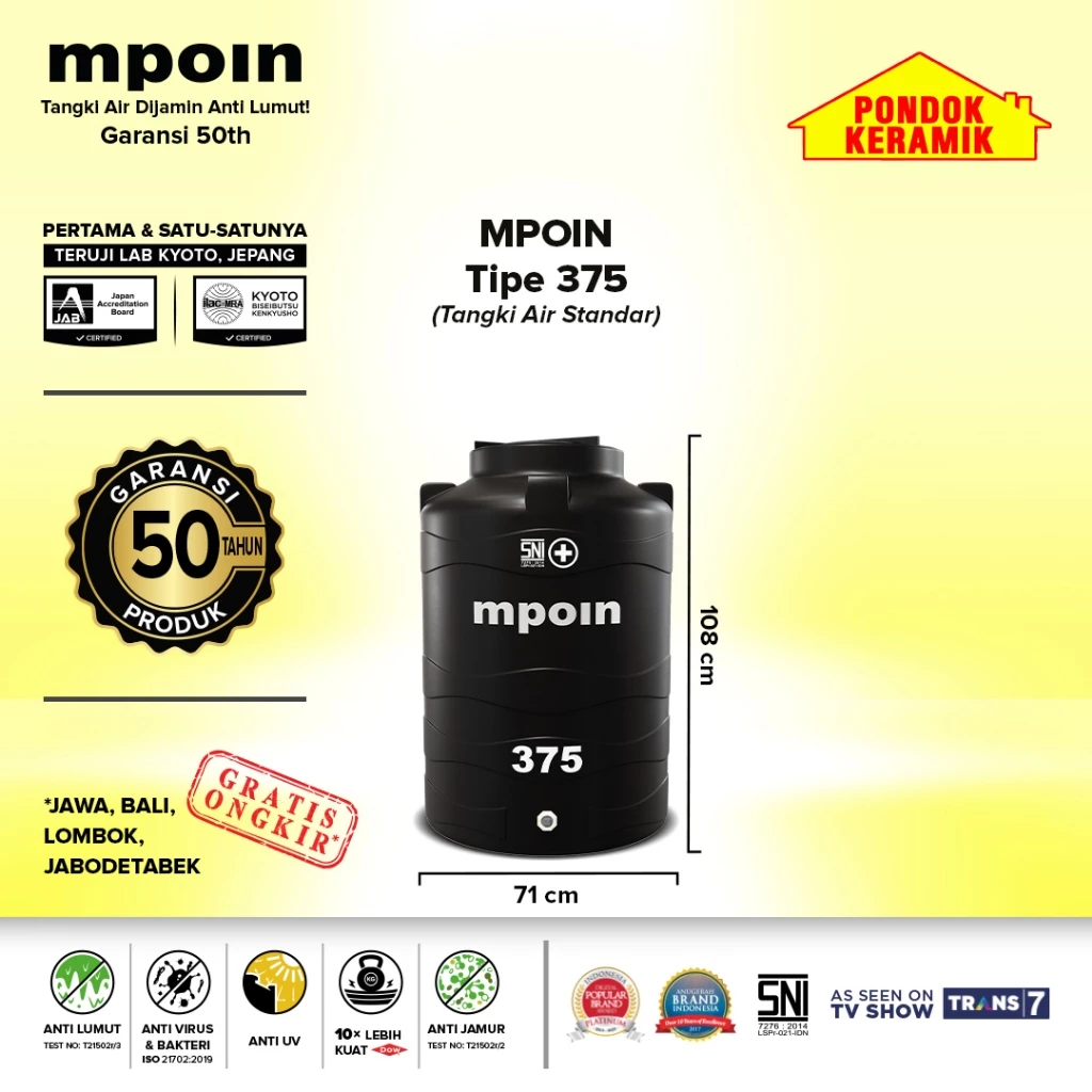Tandon Mpoin Plus Wave 375 L Tangki Tandon Air Toren Anti Lumut Garansi 50 Tahun