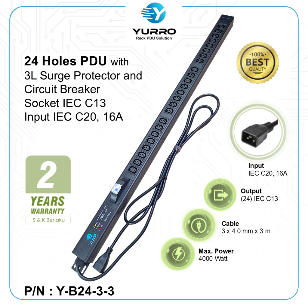 Jual YURRO - 24 Holes PDU IEC C13 with MCB, Input IEC C20 16A Power ...