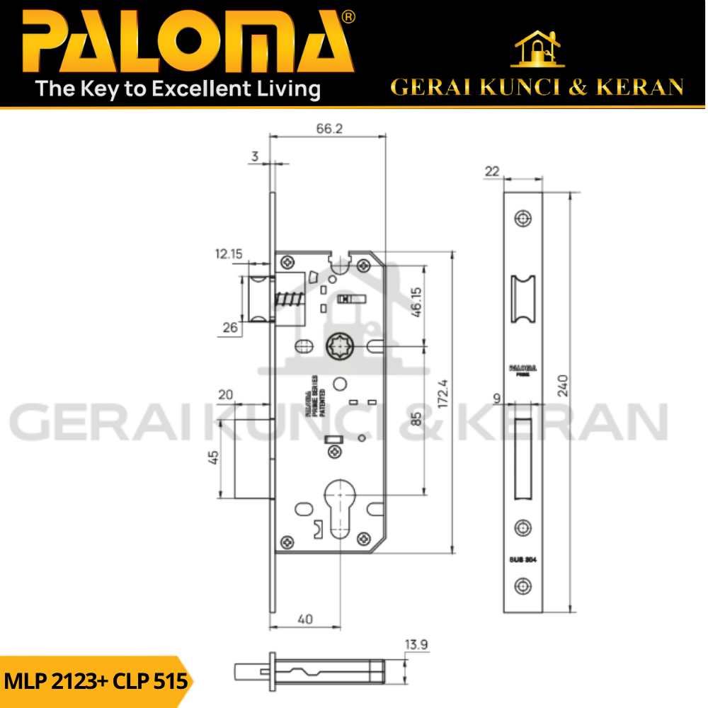 Jual PALOMA MORTISE LOCK SET CYLINDER MLP 2123 CLP 515 BODY KUNCI SWING ...