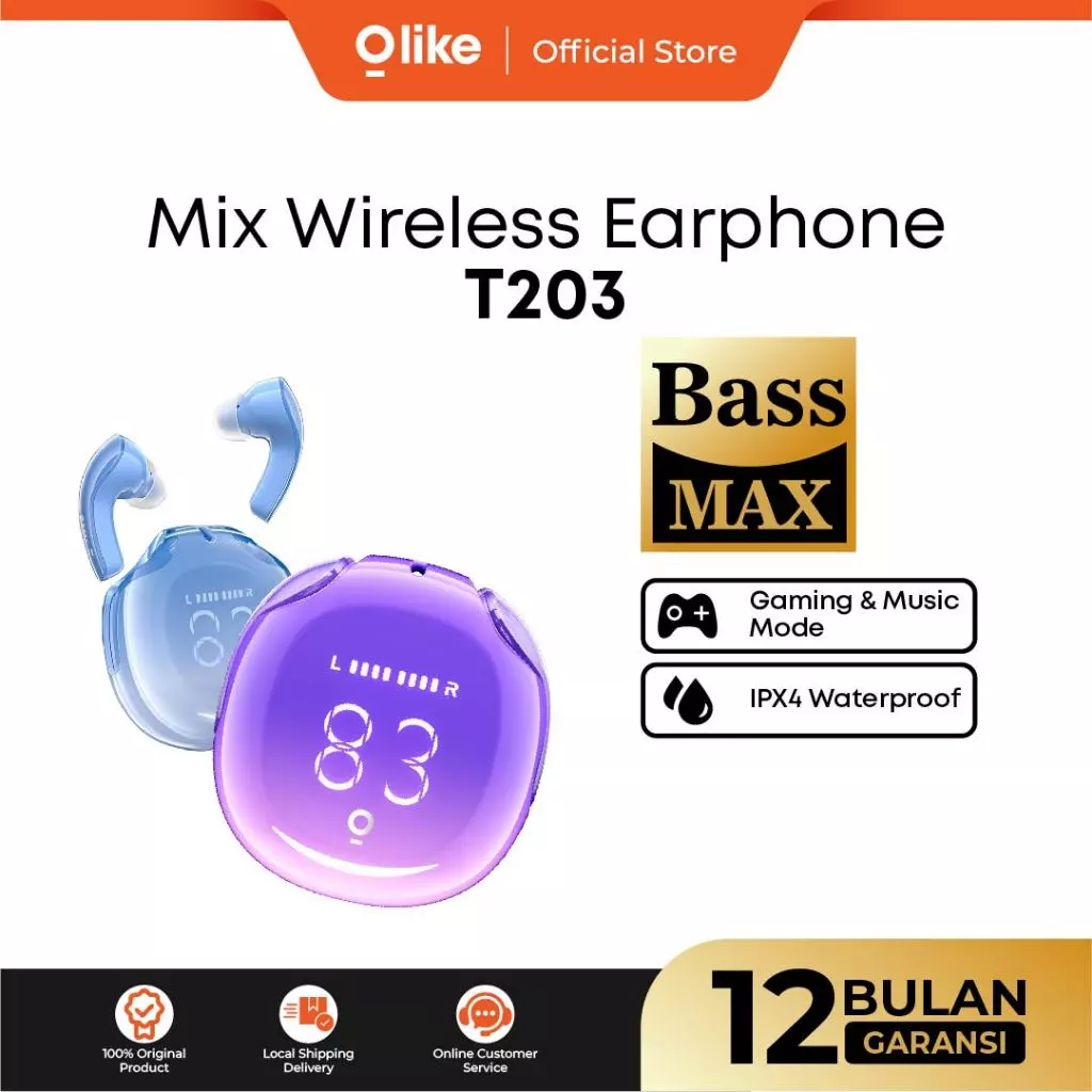 OLIKE Mix Wireless Bluetooth Earphone TWS T203 | Headset Bass Audio IPX4 | 30 Hour Playing Time | Low Latency for Game Mode