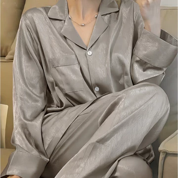 Set Piyama Wanita Berbahan Sutra Satin Jacquard Sleepwear Pajamas Long Sleeved Korean Style