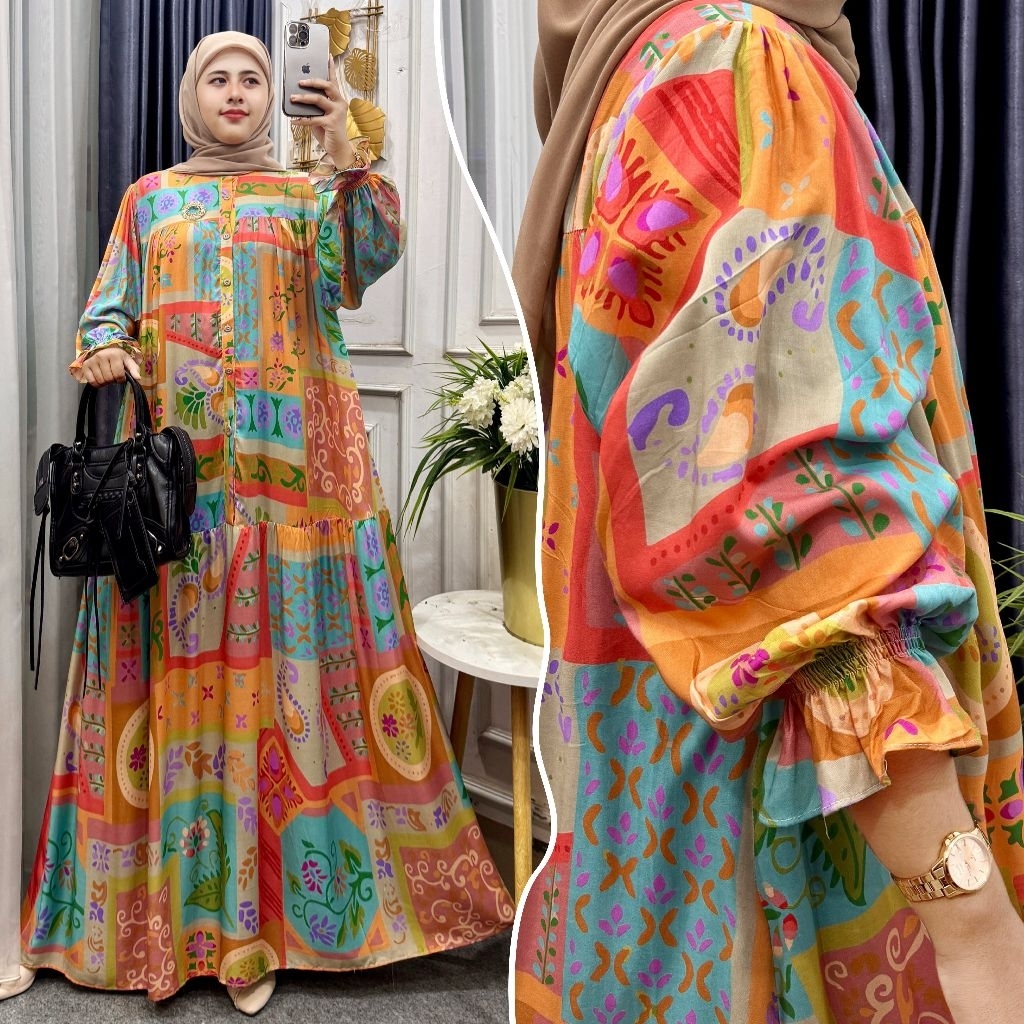 Gamis Arsyila Lengan Balon Rayon Premium Smok - foto 3