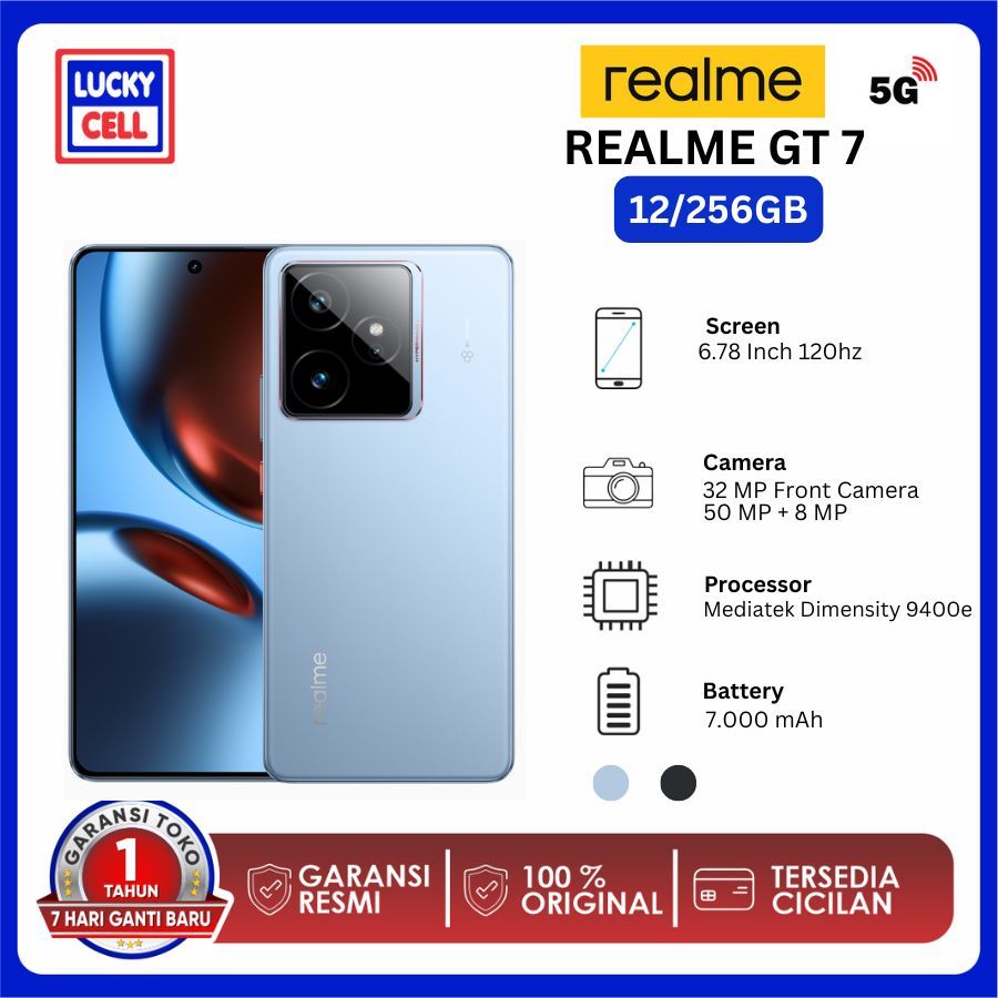 Realme GT7 5G – 12+256GB, Batteria 7000mAh, Ricarica 120W, Dimensity 9400e, Fotocamera 50MP OIS, Display 6000 Nit, IP69 (Blu)
