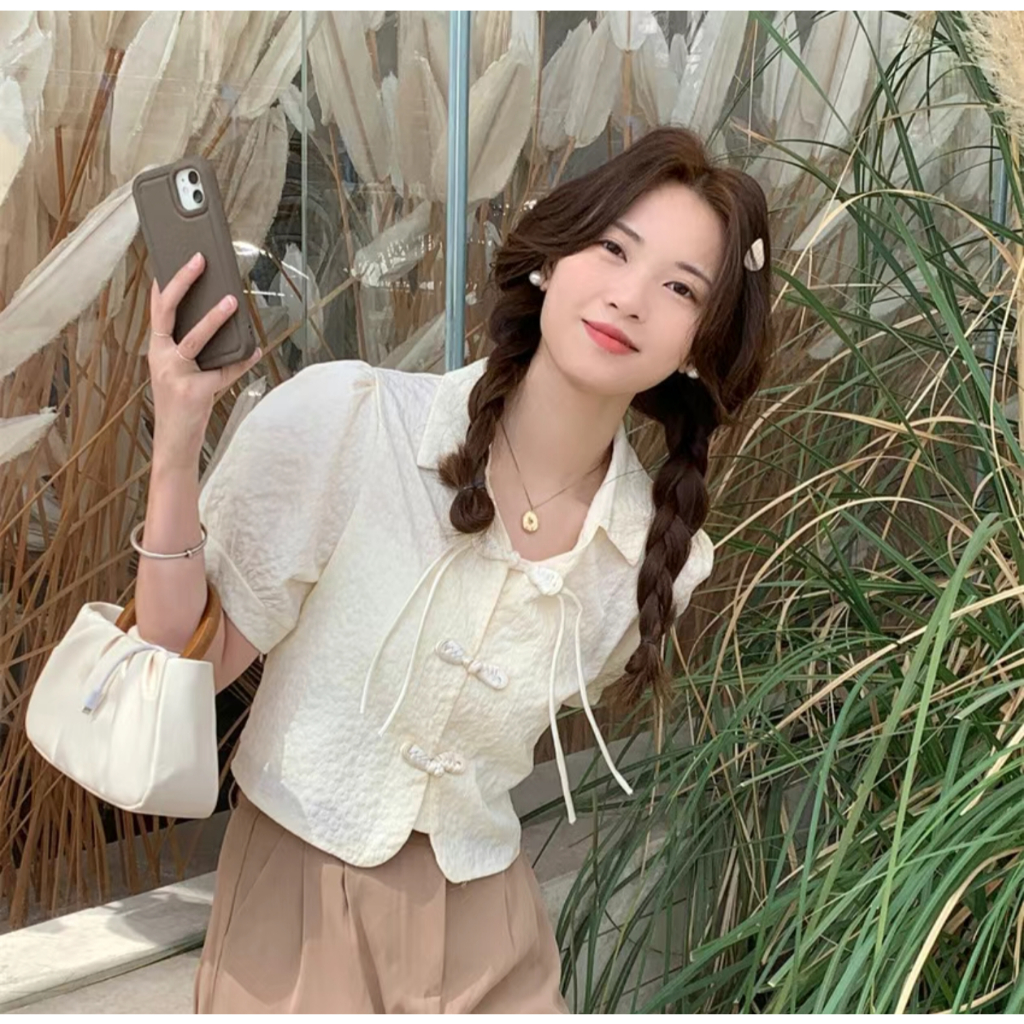 Jual ELLE Kemeja Lengan Pendek Aprikot Lengan Puff Kelas Atas Wanita ...