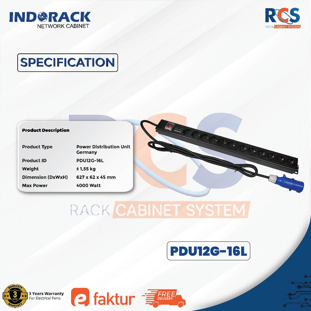 Jual Indorack PDU 12 Outlet Germany With Head Plug 3pin 2P+E 16A ...