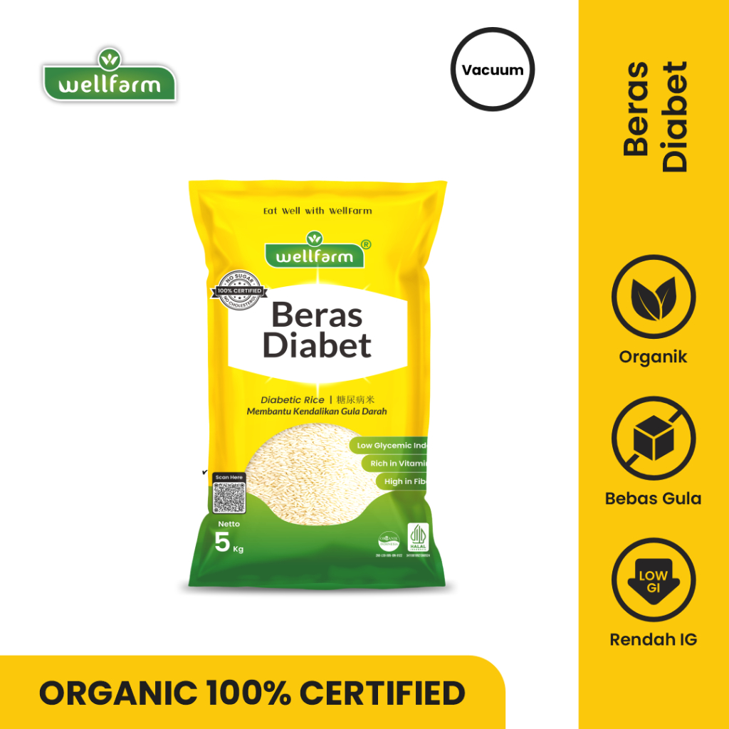 Beras Diabetes Organik 5Kg Kemasan Baru Vacuum | WellFarm Beras Diabet Free Sugar Low GI