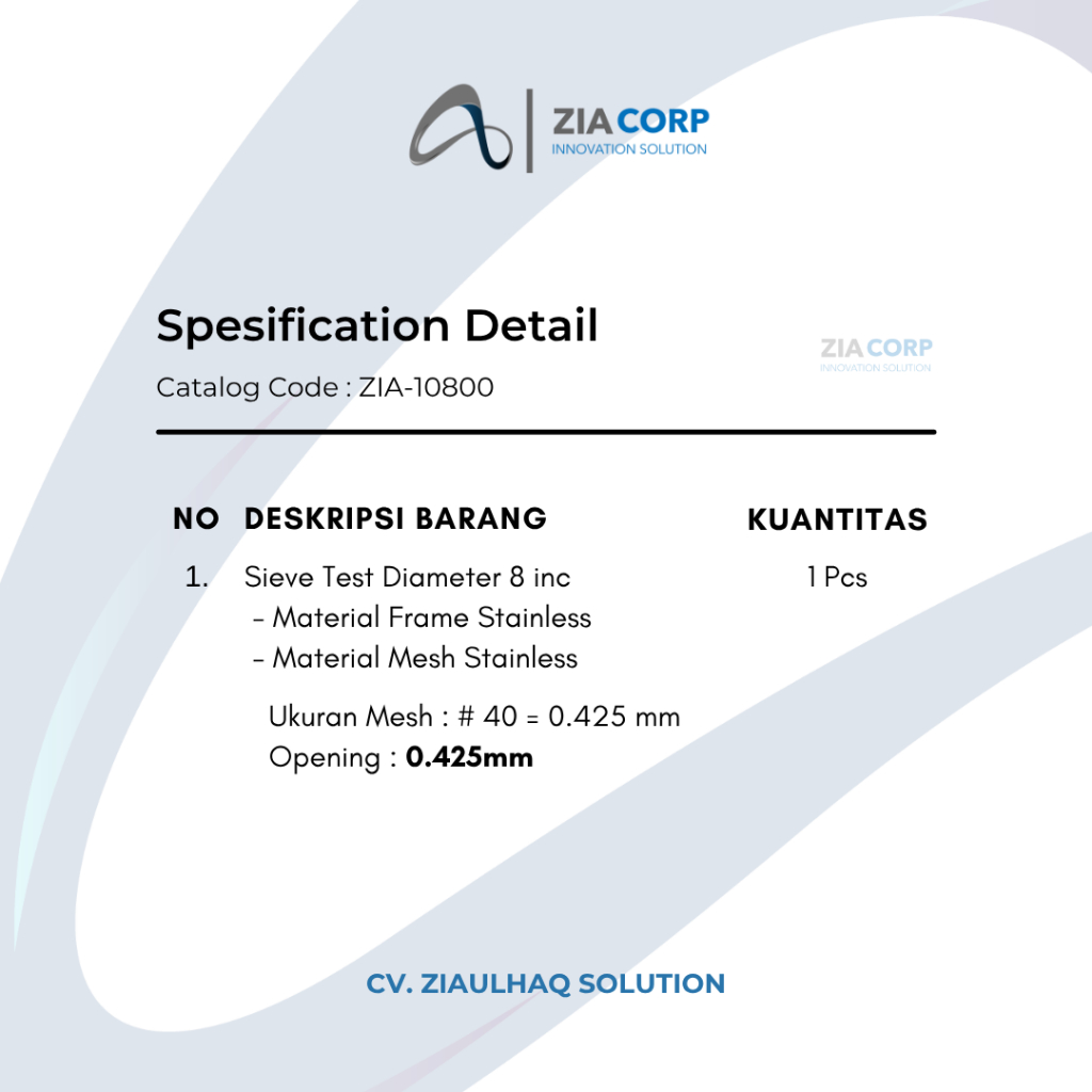 Jual 【ZIA CORP】 Sieve Test Mesh No 40 (0.425 mm) | Saringan Lab ...