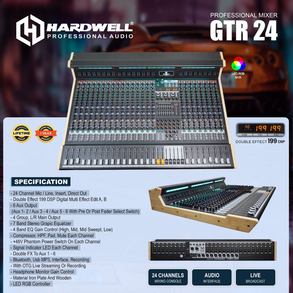 Jual Mixer Audio 24 Channel Hardwell GTR-24 Mixer Double Effect 199 DSP ...