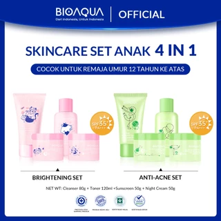 BIOAQUA Skincare Anak Paket 4pcs Niacinamide Glowing & Brightening / Tea Tree Oligopeptide Acne Set With Cleanser / Toner / Sunscreen / Night Cream