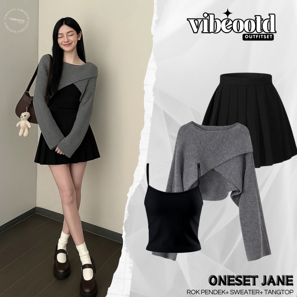 Jual Jane Outfit Set Wanita Korea ( Rok Mini Pendek Katun + Sweater ...