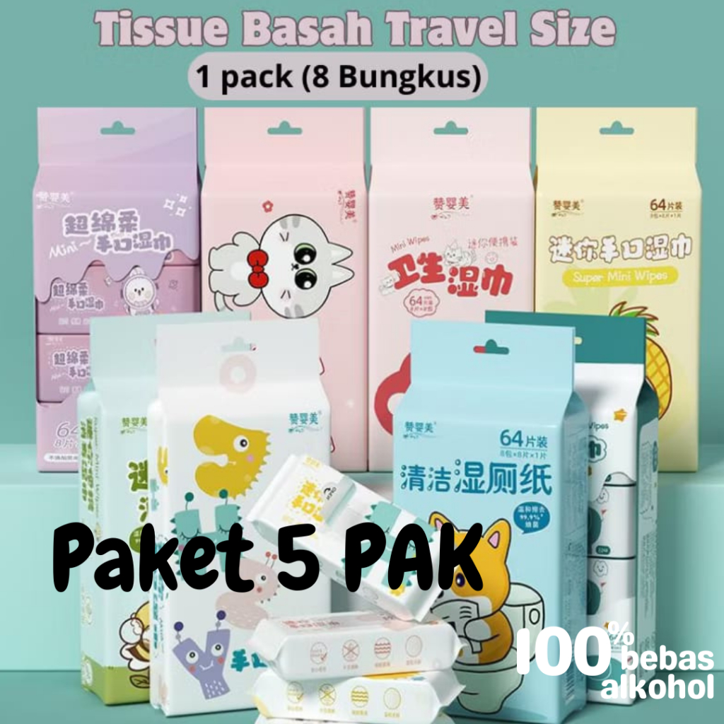 Jual Paket 5 Pack Tisu Basah Mini Murah Promo Tisu Basah Travel Size ...