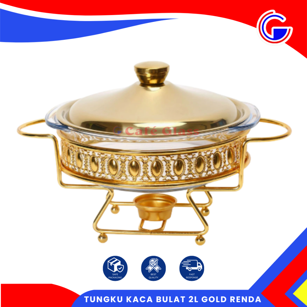 Food Warmer Kaca Bulat 2L Rak Gold - Prasmanan Pemanas Lilin Borosilicate - Wadah Saji Detachable Catering Hotel [peti]