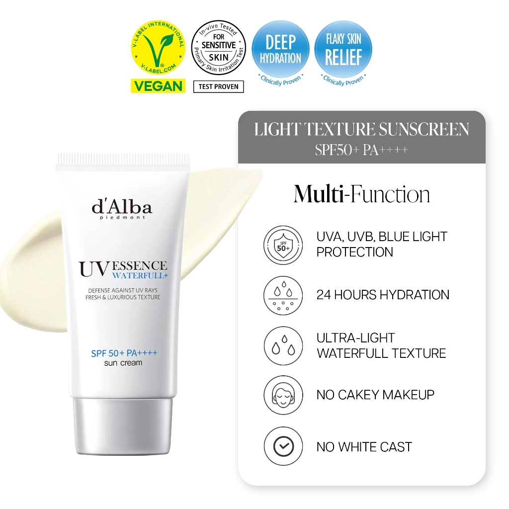 d'Alba Waterfull Essence Sun Cream tube dengan latar belakang segar