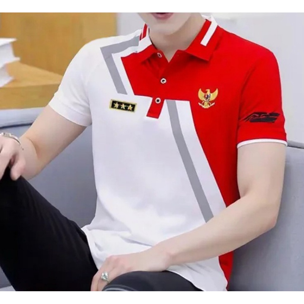 Baju 17 Agustus Spesial merah putih Combinasi Pria kerah Sporty Formal Casual Busines Bandung cotton Alva