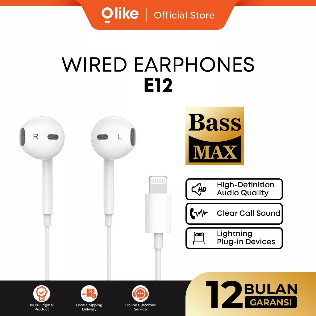 OLIKE HEADSET IPHONE LIGHTNING HANDSFREE WIRED EARPHONE MIC E12 - LIVE