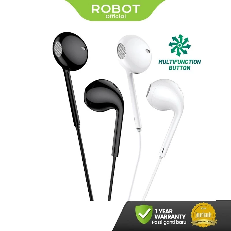 Headset Robot RE10 Wired Headset Wired Earphone Bass Smartphone Original - Garansi 1 Tahun