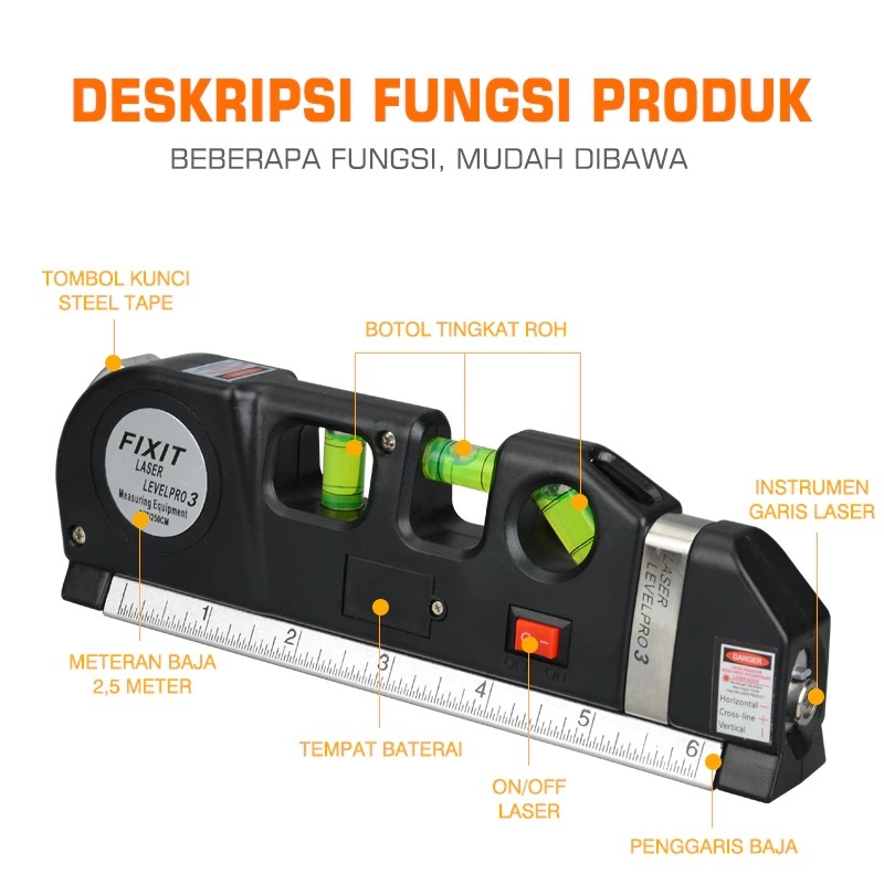 Jual WATERPASS FIXIT LEVEL PRO 3 WATER PASS METERAN LASER UP TO 250 mm ...