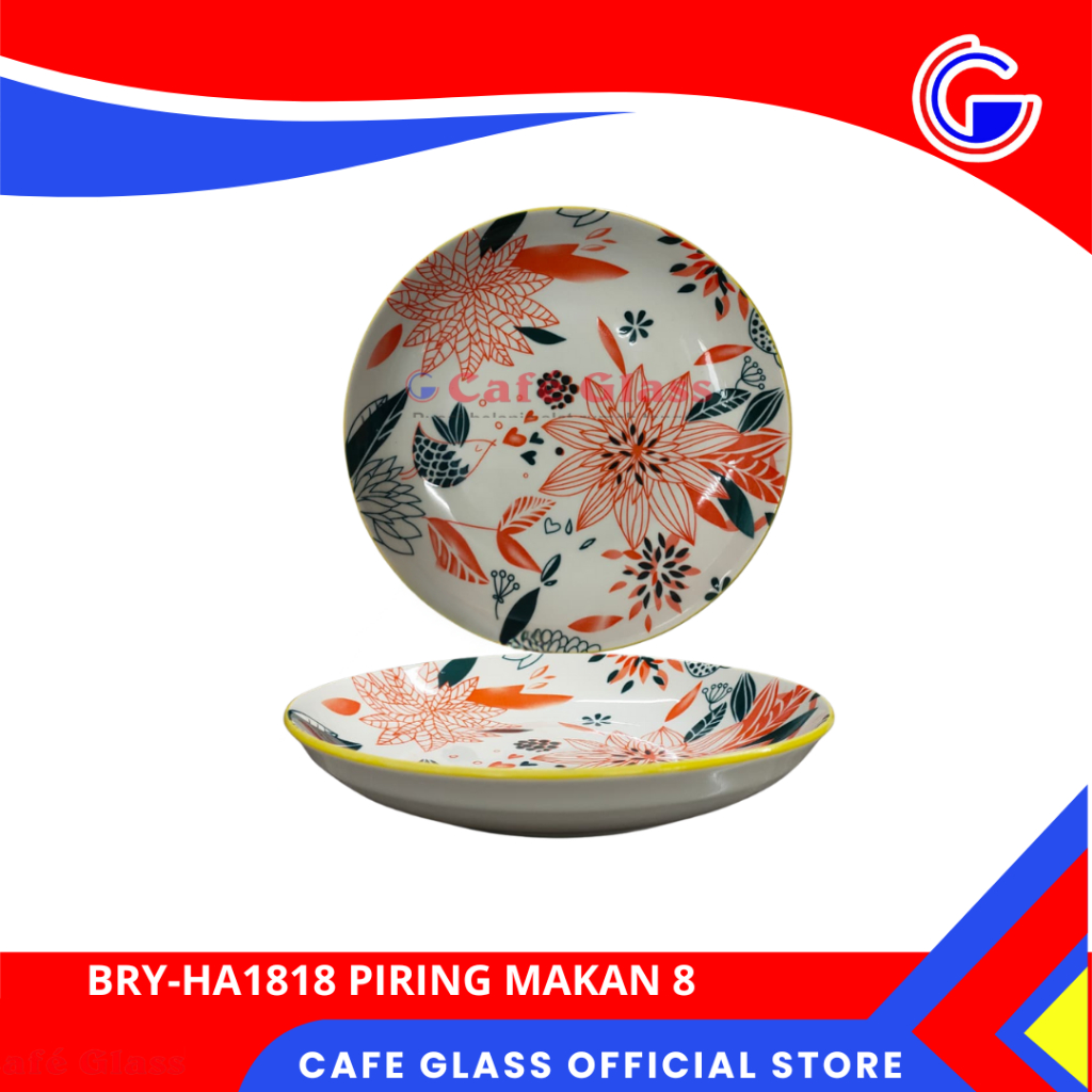Piring Makan Keramik Motif Bunga Oren / Piring Makan Floral Aesthetic Motif Burung Daun