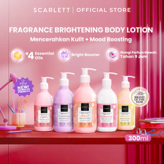 SCARLETT Fragrance Brightening Body Lotion Bright Mood Booster 300ml +4 Essential Oils 3X Brightening Power | Solusi Untuk Kulit Kering | Menenangkan, Mencerahkan Kulit, Wangi Tahan Seharian