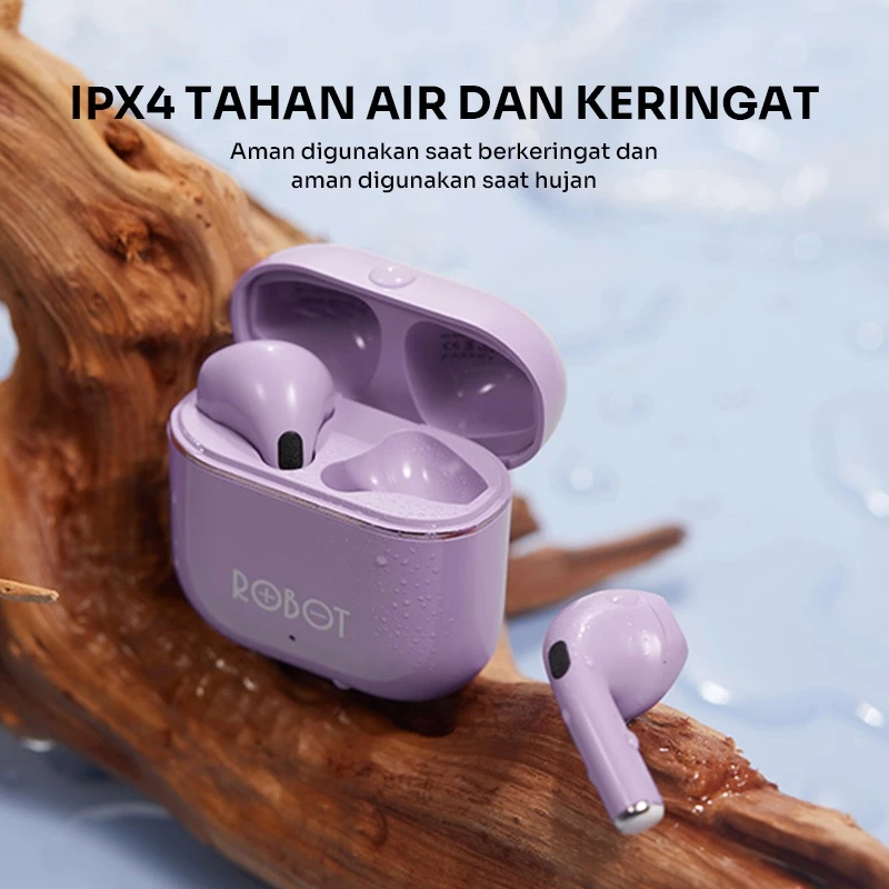 ROBOT T50S earphone TWS warna putih dengan charging case.