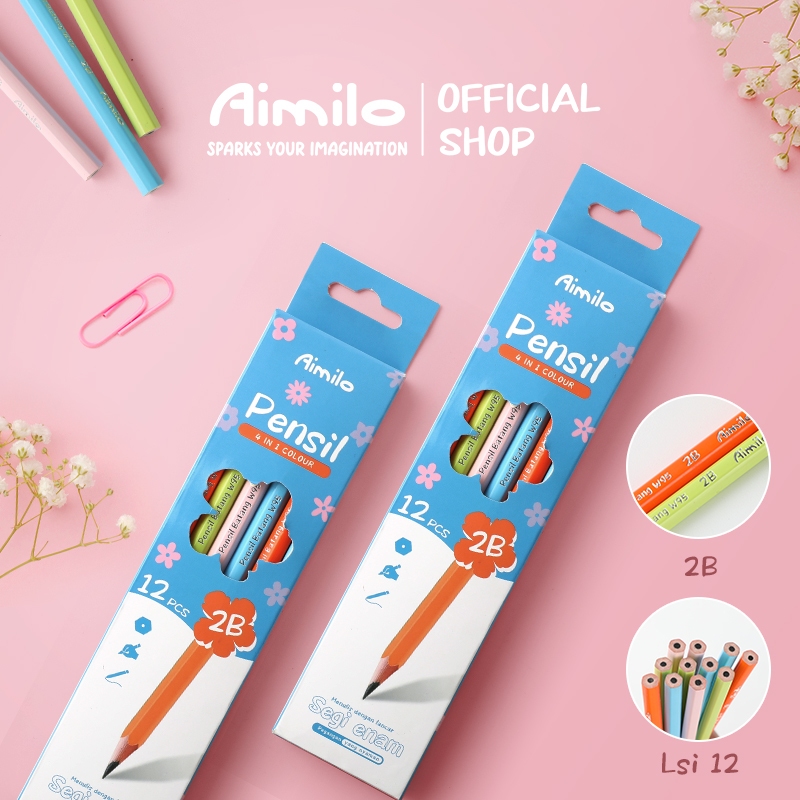 Jual Aimilo Pensil 2B Graphite Pencil 12PCS /Kotak 4 Warna eksterior ...