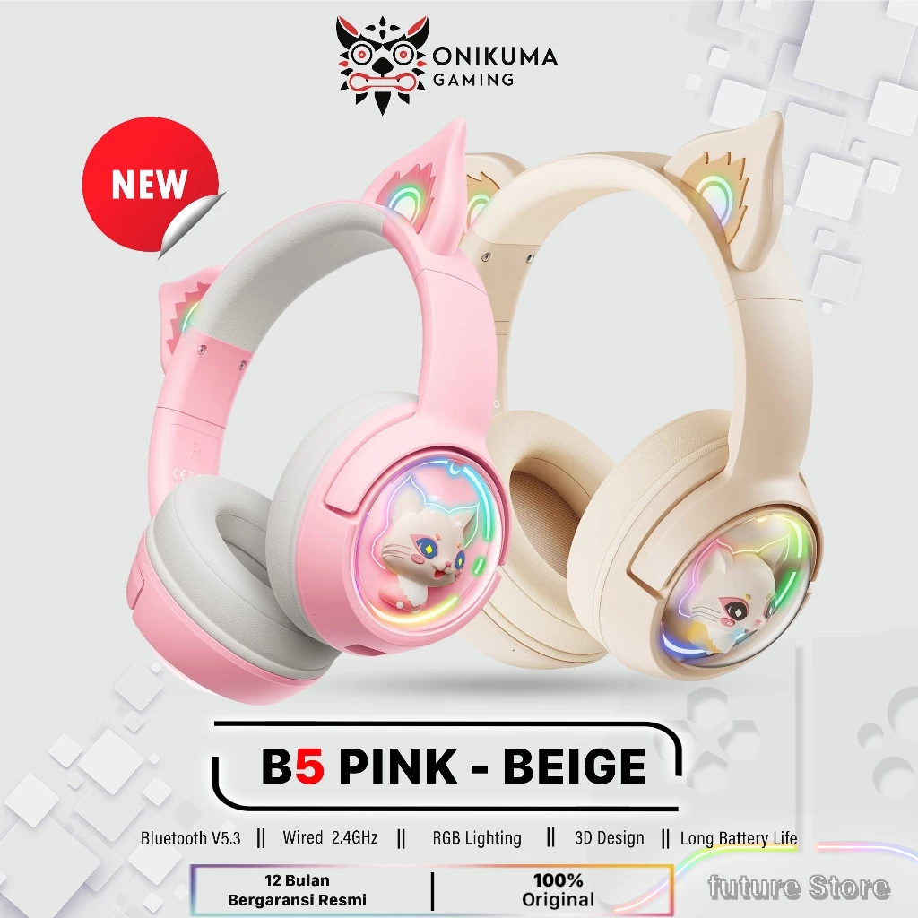 ONIKUMA B5 Headset Gaming Cat Ear Bluetooth-Bluetooth, Mic, RGB, Gaming & Musik-Headset & Earbud Bluetooth ONIKUMA B5 Desain Telinga Kucing Suara Surround Terlaris Untuk Anak Perempuan Earphone Kabel dan Nirkabel-Gaming Headset - foto 1