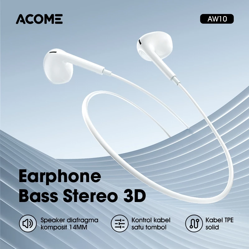 ACOME Wired Earphone Headset Stereo 3D Bass Jack 3.5mm Semi In-Ear AW10 White - Garansi Resmi 12 Bulan