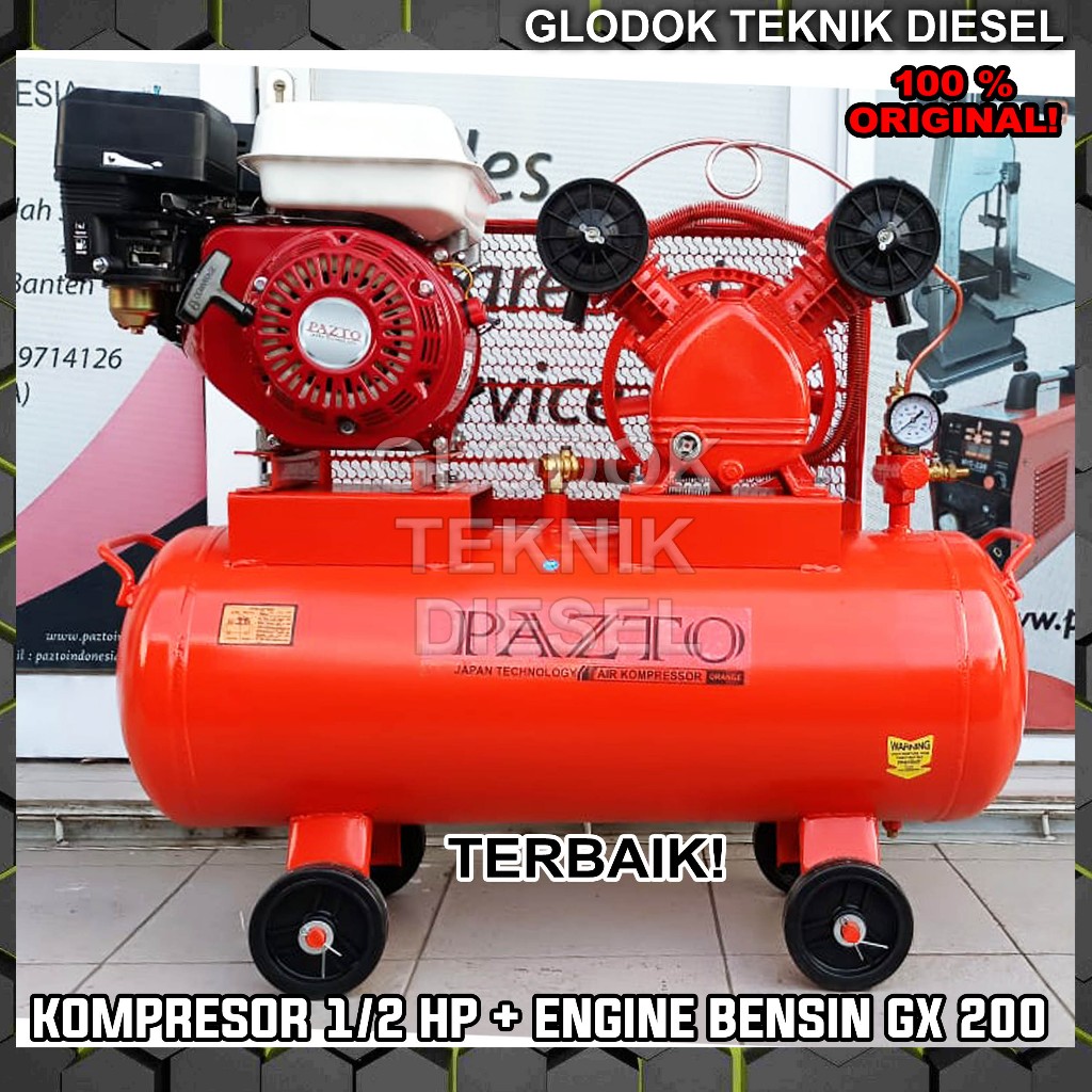 Jual PAZTO Kompresor Angin 1/2 HP + Engine Bensin GX 200 6.5 HP ...