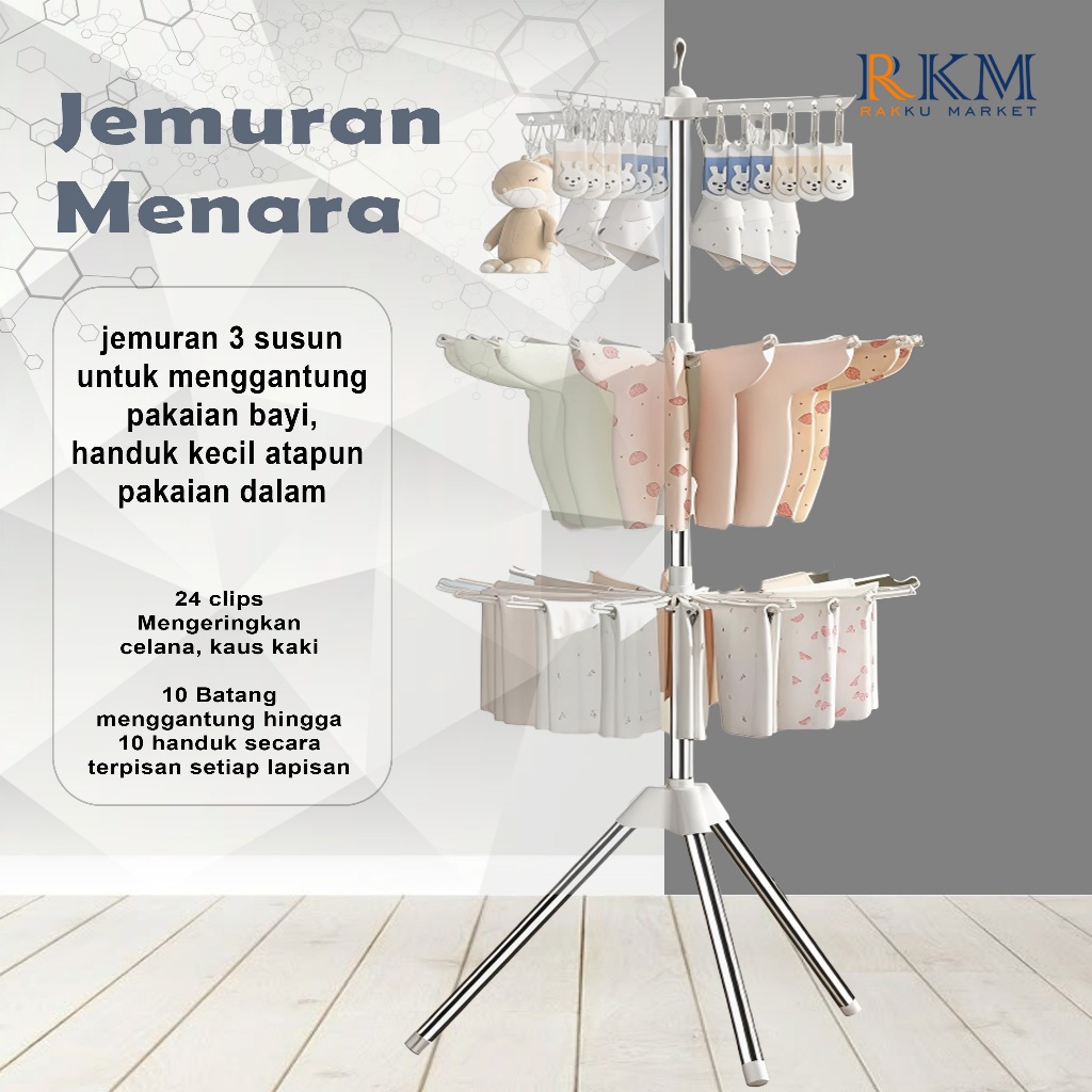 Jual [RKM] Jemuran menara rak jemuran baju bayi lipat rak susun handuk ...